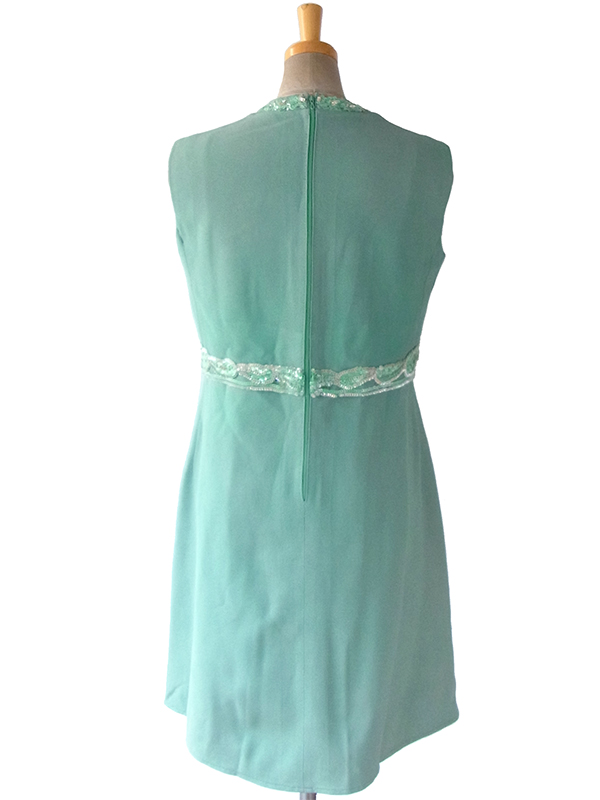 ヨーロッパ古着 ロンドン買い付け 60年代製 エメラルドグリーン スパンコール飾り 梨地ウール ワンピース 15BS411