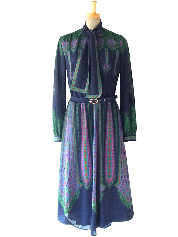 【送料無料】ロンドン買い付け ６０年代製 ゴールドラメ入りブルー × レトロ柄 ボウタイ ワンピース 15BS421【ヨーロッパ古着】