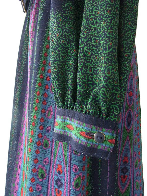 【送料無料】ロンドン買い付け ６０年代製 ゴールドラメ入りブルー × レトロ柄 ボウタイ ワンピース 15BS421【ヨーロッパ古着】