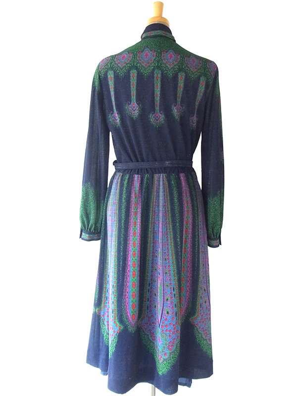 【送料無料】ロンドン買い付け ６０年代製 ゴールドラメ入りブルー × レトロ柄 ボウタイ ワンピース 15BS421【ヨーロッパ古着】