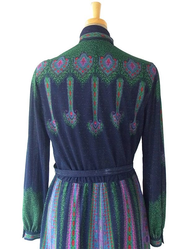 【送料無料】ロンドン買い付け ６０年代製 ゴールドラメ入りブルー × レトロ柄 ボウタイ ワンピース 15BS421【ヨーロッパ古着】