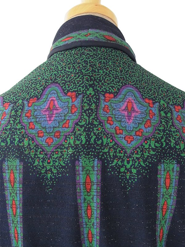 【送料無料】ロンドン買い付け ６０年代製 ゴールドラメ入りブルー × レトロ柄 ボウタイ ワンピース 15BS421【ヨーロッパ古着】