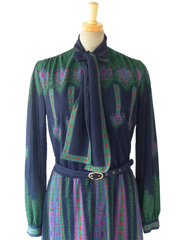 【送料無料】ロンドン買い付け ６０年代製 ゴールドラメ入りブルー × レトロ柄 ボウタイ ワンピース 15BS421【ヨーロッパ古着】