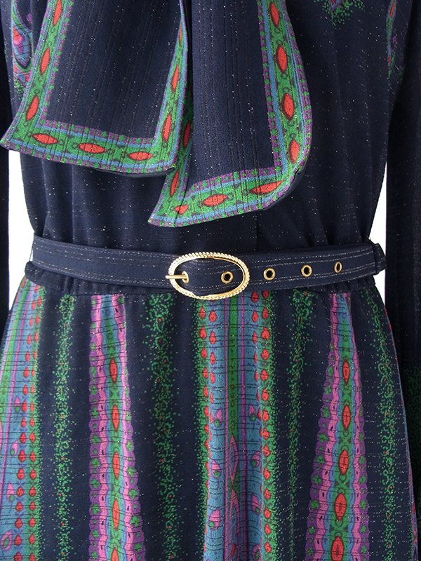 【送料無料】ロンドン買い付け ６０年代製 ゴールドラメ入りブルー × レトロ柄 ボウタイ ワンピース 15BS421【ヨーロッパ古着】