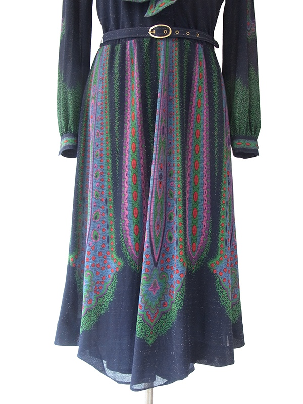 【送料無料】ロンドン買い付け ６０年代製 ゴールドラメ入りブルー × レトロ柄 ボウタイ ワンピース 15BS421【ヨーロッパ古着】