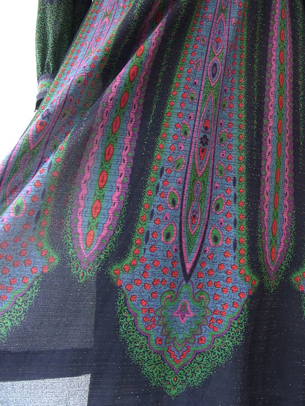 【送料無料】ロンドン買い付け ６０年代製 ゴールドラメ入りブルー × レトロ柄 ボウタイ ワンピース 15BS421【ヨーロッパ古着】