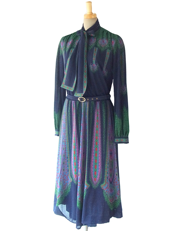 【送料無料】ロンドン買い付け ６０年代製 ゴールドラメ入りブルー × レトロ柄 ボウタイ ワンピース 15BS421【ヨーロッパ古着】