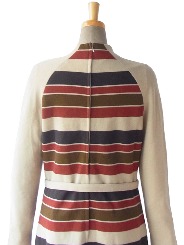 ヨーロッパ古着 ロンドン買い付け 60年代製 ベージュ X モスグリーン・カーキ・レッド ボーダー レトロ ワンピース 15BS422