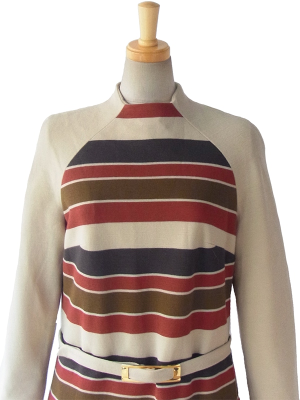 ヨーロッパ古着 ロンドン買い付け 60年代製 ベージュ X モスグリーン・カーキ・レッド ボーダー レトロ ワンピース 15BS422