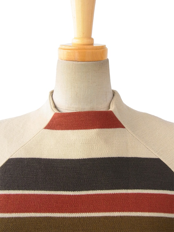 ヨーロッパ古着 ロンドン買い付け 60年代製 ベージュ X モスグリーン・カーキ・レッド ボーダー レトロ ワンピース 15BS422