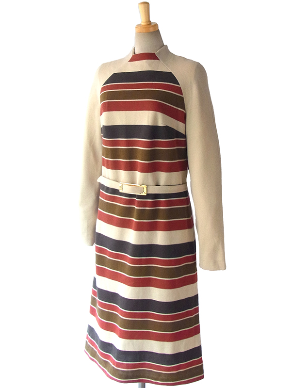 ヨーロッパ古着 ロンドン買い付け 60年代製 ベージュ X モスグリーン・カーキ・レッド ボーダー レトロ ワンピース 15BS422