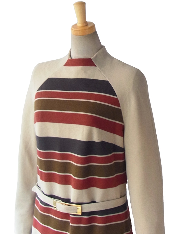 ヨーロッパ古着 ロンドン買い付け 60年代製 ベージュ X モスグリーン・カーキ・レッド ボーダー レトロ ワンピース 15BS422