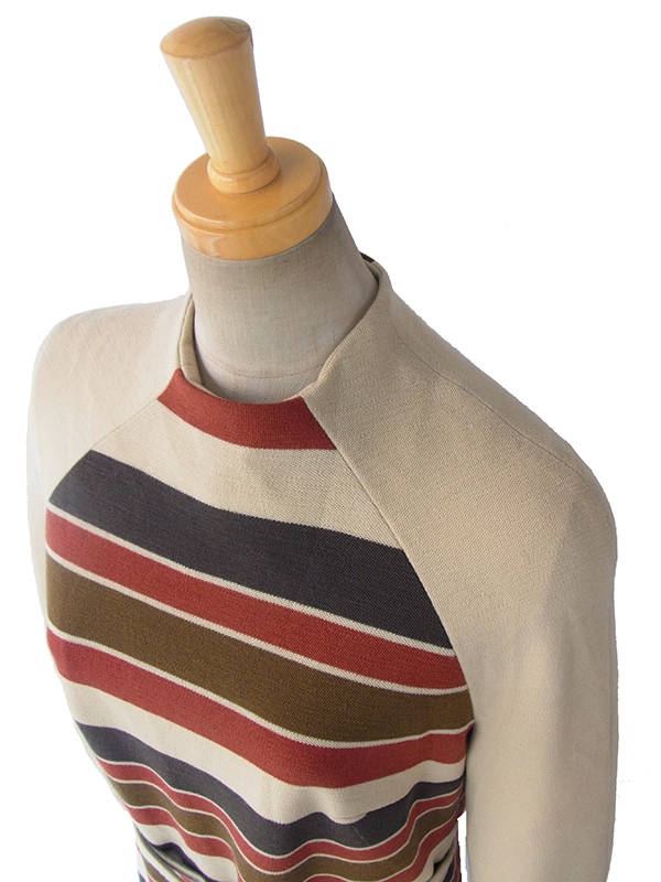 ヨーロッパ古着 ロンドン買い付け 60年代製 ベージュ X モスグリーン・カーキ・レッド ボーダー レトロ ワンピース 15BS422