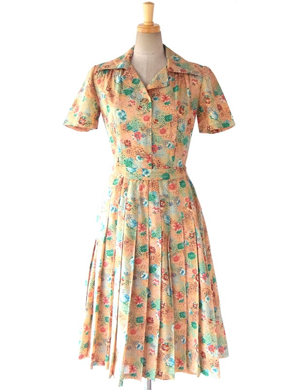 ヨーロッパ古着 ロンドン買い付け 60年代製 イエロー X カラフルな花柄 共布ベルト付き プリーツワンピース 15BS428