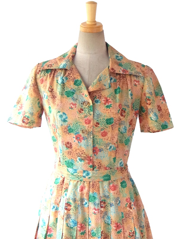 ヨーロッパ古着 ロンドン買い付け 60年代製 イエロー X カラフルな花柄 共布ベルト付き プリーツワンピース 15BS428