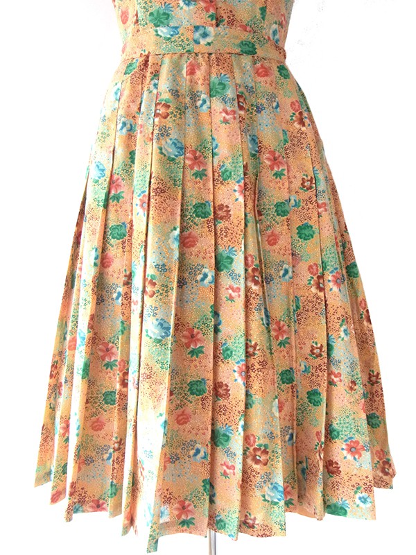ヨーロッパ古着 ロンドン買い付け 60年代製 イエロー X カラフルな花柄 共布ベルト付き プリーツワンピース 15BS428