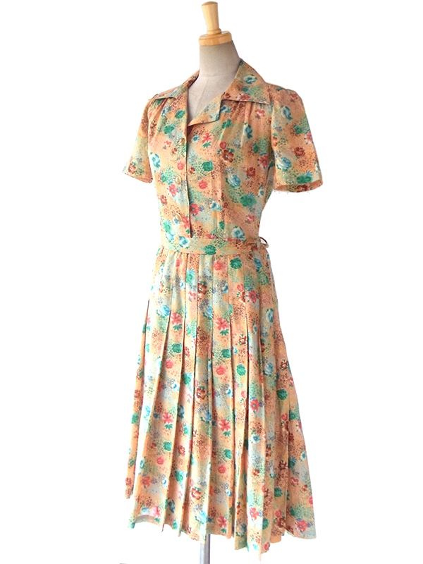 ヨーロッパ古着 ロンドン買い付け 60年代製 イエロー X カラフルな花柄 共布ベルト付き プリーツワンピース 15BS428