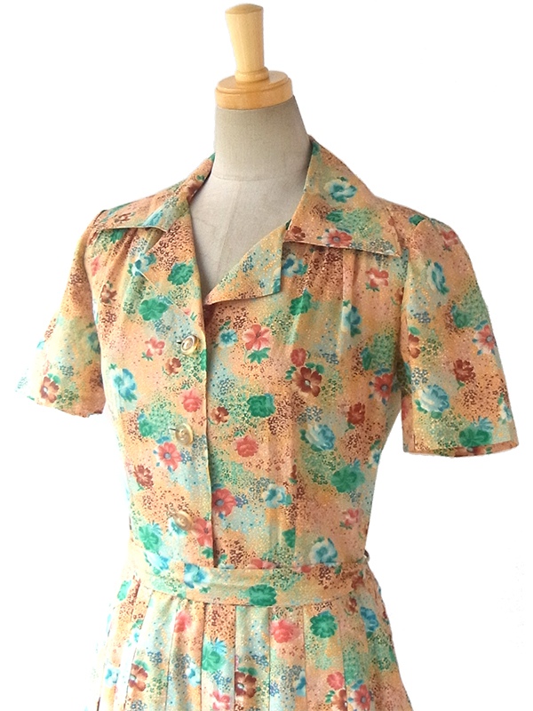 ヨーロッパ古着 ロンドン買い付け 60年代製 イエロー X カラフルな花柄 共布ベルト付き プリーツワンピース 15BS428
