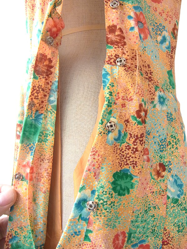 ヨーロッパ古着 ロンドン買い付け 60年代製 イエロー X カラフルな花柄 共布ベルト付き プリーツワンピース 15BS428