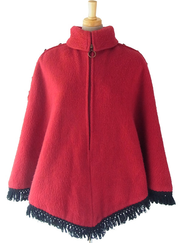 【送料無料】ロンドン買付 ６０年代製 レッド X ゴールド飾りボタン フロントジップ ウール ケープコート 15BS431【ヨーロッパ古着】