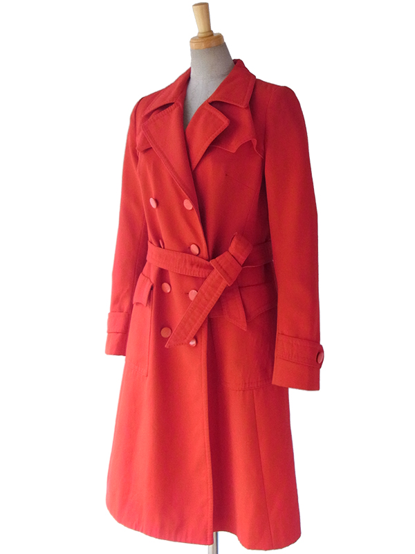 【送料無料】ロンドン買付 ６０年代製 レッド X 共布ベルト付き レトロデザイン トレンチ コート 15BS433【ヨーロッパ古着】