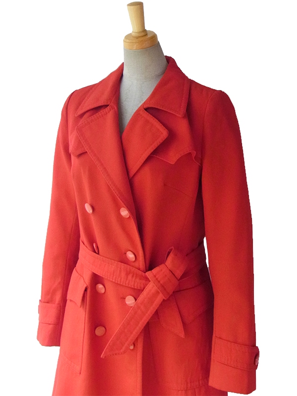 【送料無料】ロンドン買付 ６０年代製 レッド X 共布ベルト付き レトロデザイン トレンチ コート 15BS433【ヨーロッパ古着】