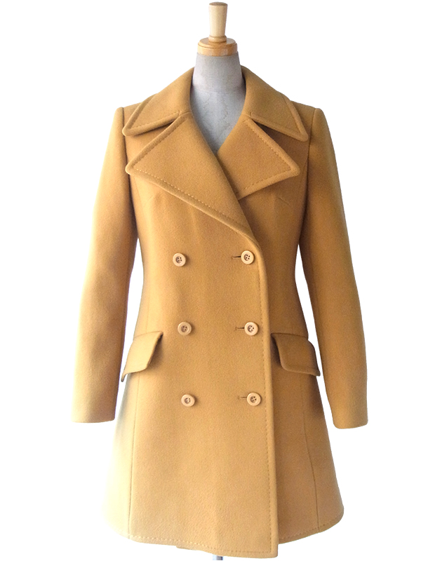 【送料無料】ロンドン買付 ６０年代製 マスタードイエロー X 共布ベルト付き ヴィンテージ メルトンコート 15BS436【ヨーロッパ古着】