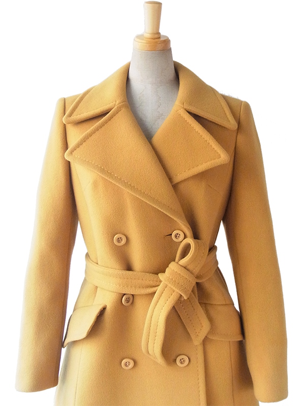 【送料無料】ロンドン買付 ６０年代製 マスタードイエロー X 共布ベルト付き ヴィンテージ メルトンコート 15BS436【ヨーロッパ古着】