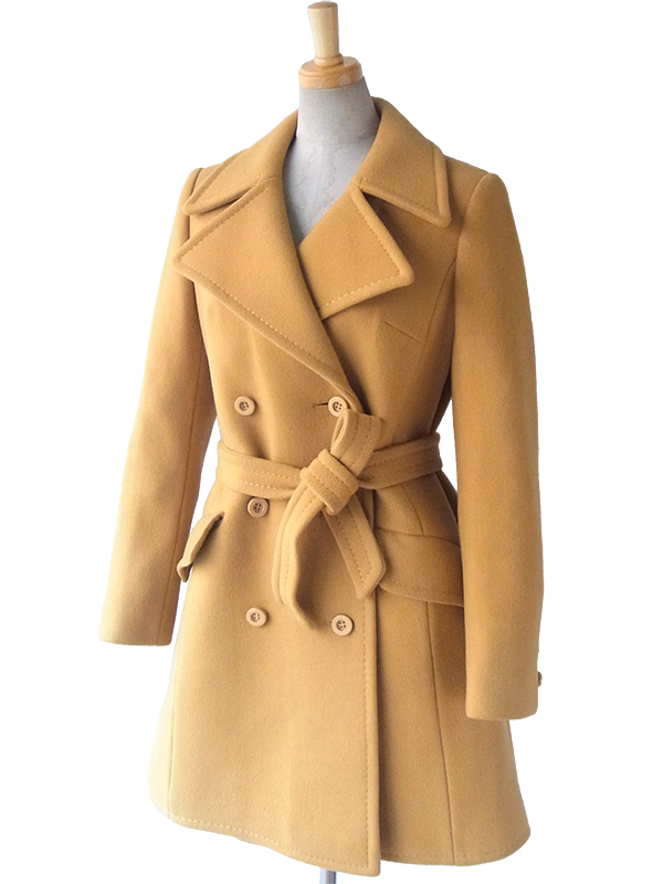 【送料無料】ロンドン買付 ６０年代製 マスタードイエロー X 共布ベルト付き ヴィンテージ メルトンコート 15BS436【ヨーロッパ古着】
