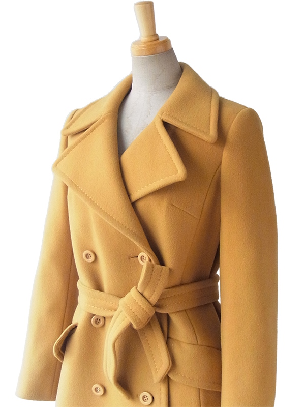【送料無料】ロンドン買付 ６０年代製 マスタードイエロー X 共布ベルト付き ヴィンテージ メルトンコート 15BS436【ヨーロッパ古着】