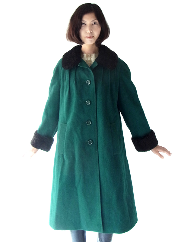 送料無料】ロンドン買付 ６０年代製 グリーン X ブラック ファー襟・袖 