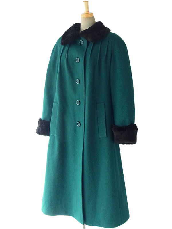 【送料無料】ロンドン買付 ６０年代製 グリーン X ブラック ファー襟・袖 ヴィンテージ ウールコート 15BS439【ヨーロッパ古着】