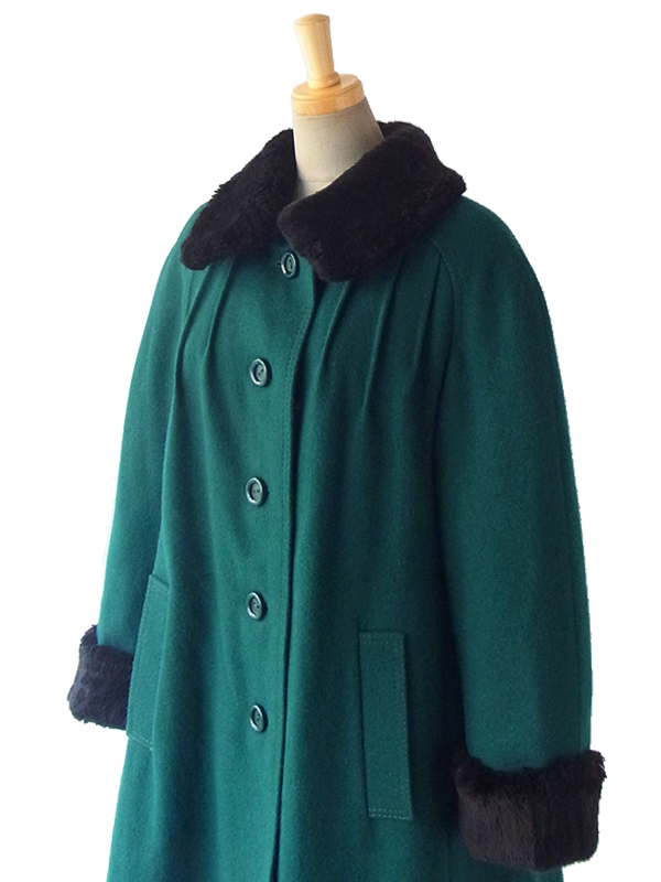 【送料無料】ロンドン買付 ６０年代製 グリーン X ブラック ファー襟・袖 ヴィンテージ ウールコート 15BS439【ヨーロッパ古着】