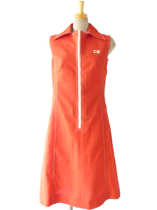 ヨーロッパ古着 ７０年代フランス製 CAROLINE RHOMER レッド X ホワイト ステッチ ジップアップ ヴィンテージ ワンピース 15FC023