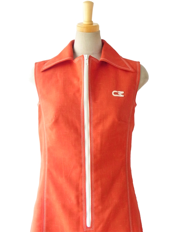 ヨーロッパ古着 ７０年代フランス製 CAROLINE RHOMER レッド X ホワイト ステッチ ジップアップ ヴィンテージ ワンピース 15FC023