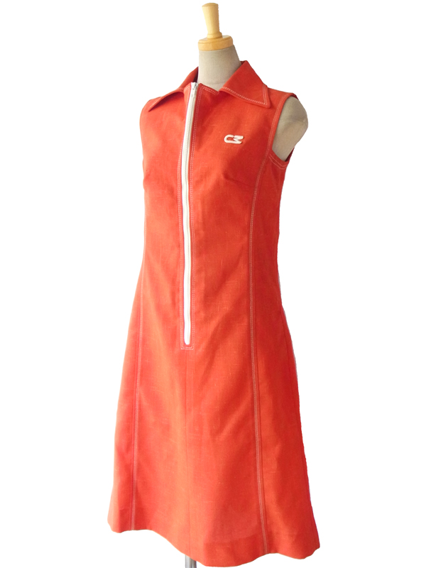 ヨーロッパ古着 ７０年代フランス製 CAROLINE RHOMER レッド X ホワイト ステッチ ジップアップ ヴィンテージ ワンピース 15FC023