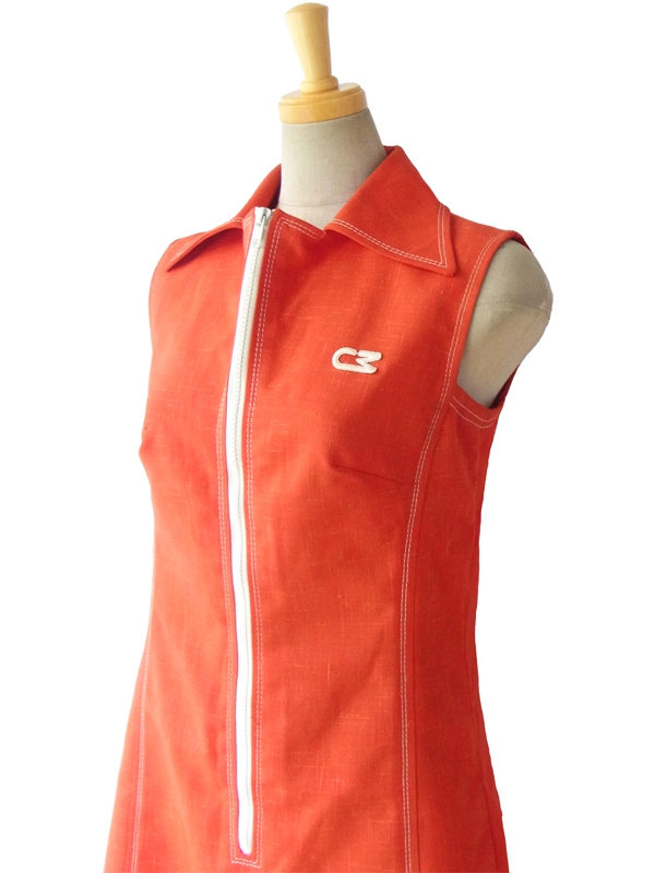 ヨーロッパ古着 ７０年代フランス製 CAROLINE RHOMER レッド X ホワイト ステッチ ジップアップ ヴィンテージ ワンピース 15FC023