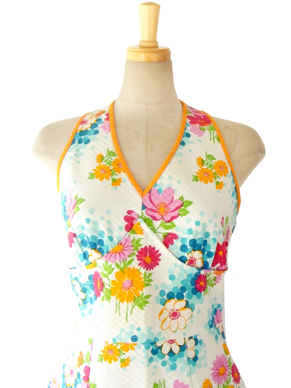 vintage usa 70s 花柄　ロング　ワンピース　ホルダーネック 70's Vintage Jersey Safari柄 ホルダーネック ミニワンピ