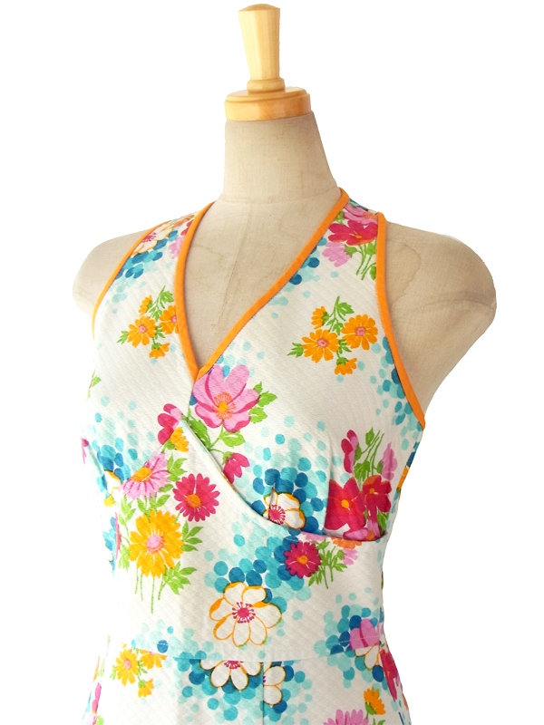 ヨーロッパ古着 60年代フランス製 ホワイト X カラフル花柄・オレンジパイピング　ホルターネック ワンピース 15FC101