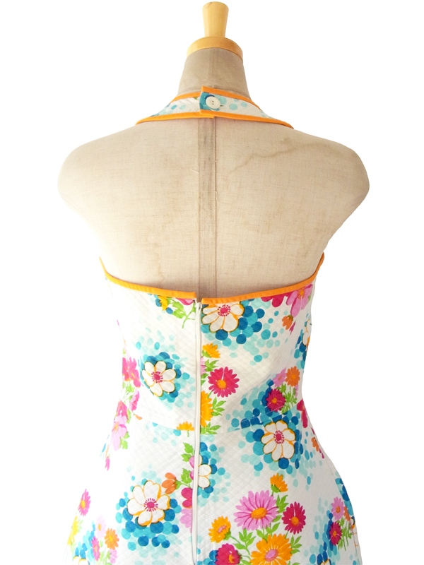 ヨーロッパ古着 60年代フランス製 ホワイト X カラフル花柄・オレンジパイピング　ホルターネック ワンピース 15FC101