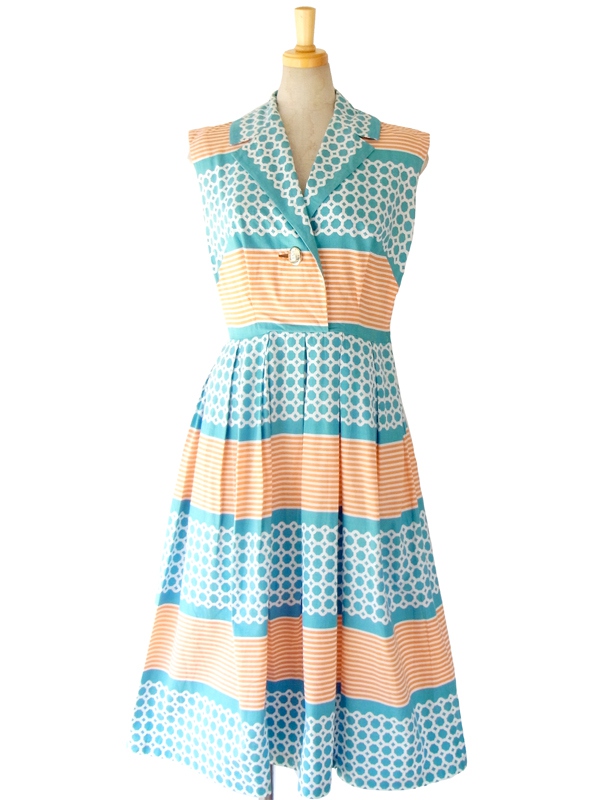 ヨーロッパ古着 フランス買い付け 60年代製 水色 X オレンジ レトロテキスタイル ボックスプリーツ ワンピース 15FC102