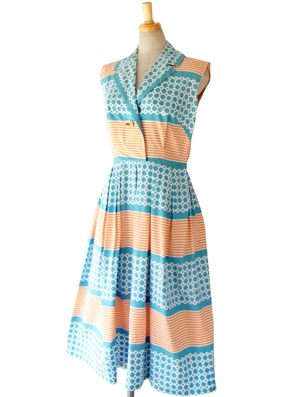 ヨーロッパ古着 フランス買い付け 60年代製 水色 X オレンジ レトロテキスタイル ボックスプリーツ ワンピース 15FC102