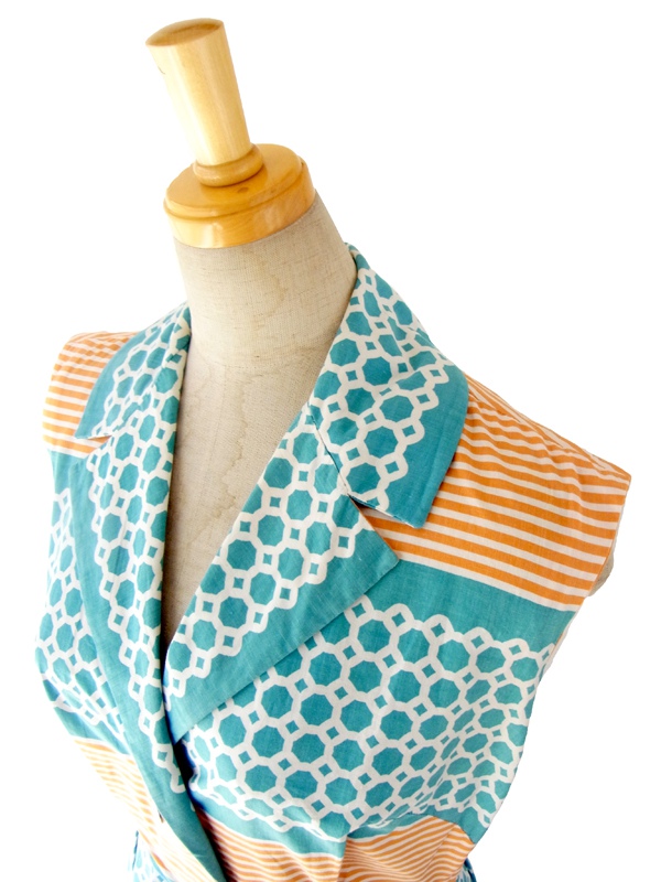 ヨーロッパ古着 フランス買い付け 60年代製 水色 X オレンジ レトロテキスタイル ボックスプリーツ ワンピース 15FC102