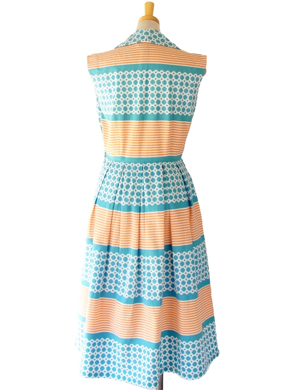 ヨーロッパ古着 フランス買い付け 60年代製 水色 X オレンジ レトロテキスタイル ボックスプリーツ ワンピース 15FC102