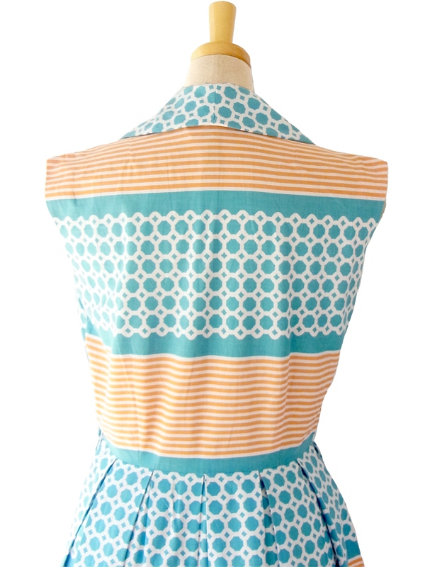 ヨーロッパ古着 フランス買い付け 60年代製 水色 X オレンジ レトロテキスタイル ボックスプリーツ ワンピース 15FC102