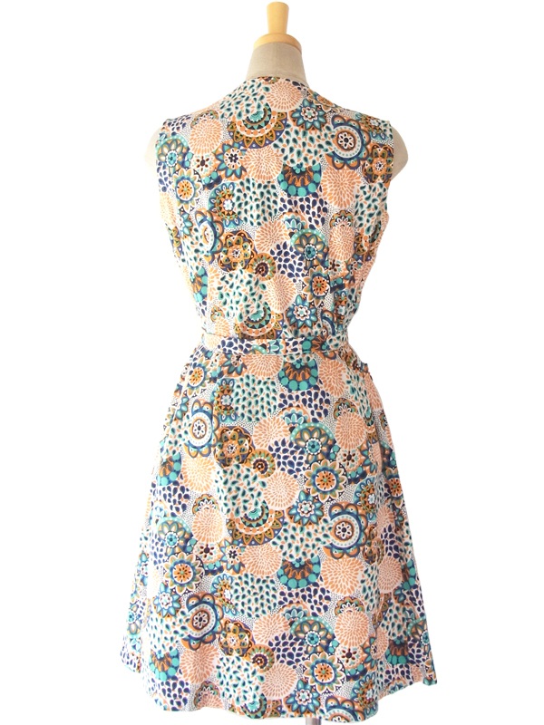 ヨーロッパ古着 フランス買い付け 60年代製 ホワイトXオレンジ・水色・ブルー 花柄モチーフ レトロプリント ワンピース 15FC103