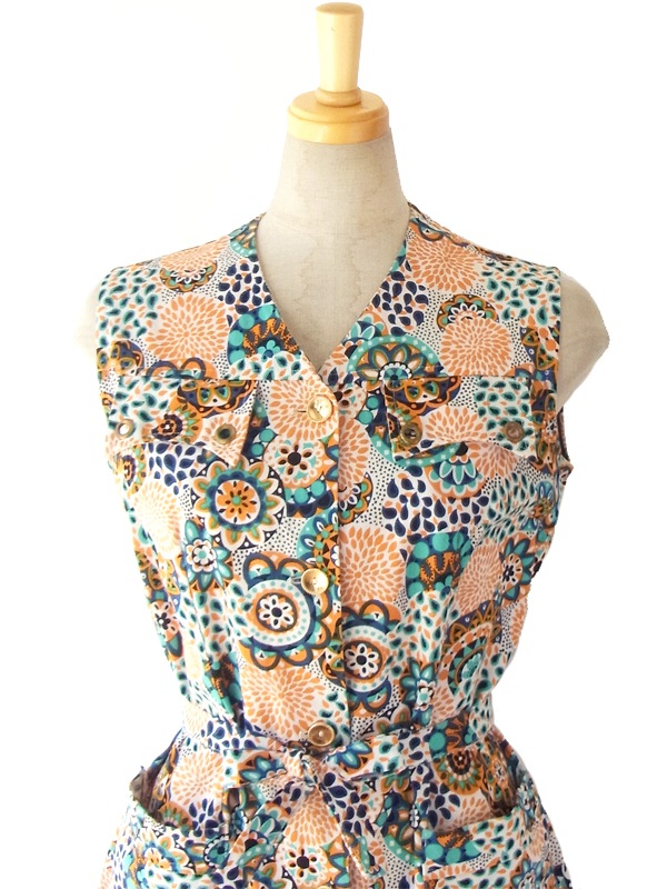 ヨーロッパ古着 フランス買い付け 60年代製 ホワイトXオレンジ・水色・ブルー 花柄モチーフ レトロプリント ワンピース 15FC103