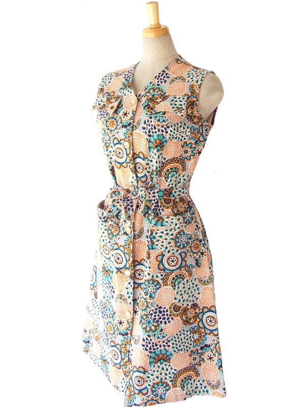 ヨーロッパ古着 フランス買い付け 60年代製 ホワイトXオレンジ・水色・ブルー 花柄モチーフ レトロプリント ワンピース 15FC103