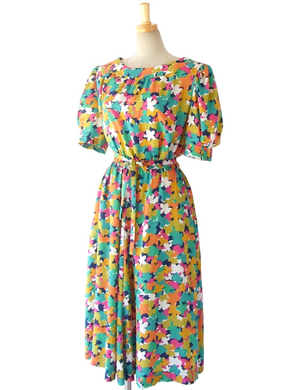 ヨーロッパ古着 フランス買い付け 60年代製 カラフル花柄 パフスリーブ 共布ベルト付き ヴィンテージ ワンピース 15FC206