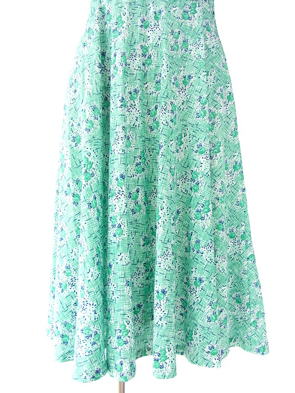 ヨーロッパ古着 フランス買い付け 60年代製 エメラルドグリーン X ネイビー 薔薇プリント レトロ ワンピース 15FC229